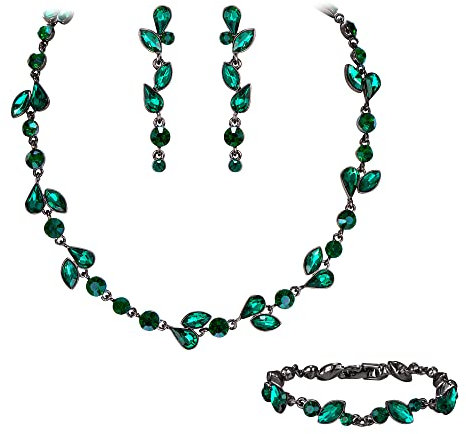 EVER FAITH Kristall Schmuck-Sets elegante Marquise- und Runde- Schliff Strass Blatt Halsketten, Ohrringe und Armband-Set für Damen Grün Schwarz-Tone