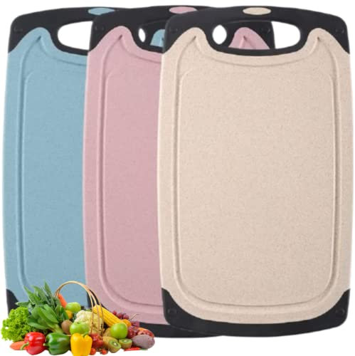 Coloured Chopping Board Set of 3 Plastic Kitchen Cutting Boards Novelty Non-Slip Small for Meat Fruit Vegetable Food Easy Grip Handle Dishwasher Safe Juice Groove Design Pink Blue