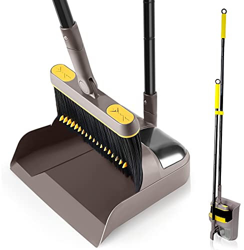 Dolanx Broom and Dustpan Set for Home with 138 cm Long Handle, Upright Stand Up Dust Pan with Teeth, 180 Degree Swivel Head Broom for Home Kitchen Lobby Room Office Floor Indoor Outdoor