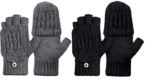 Bipily 2 Paar Damen Cabrio Handschuhe Winter Fingerlose Fäustlinge Gestrickte Fäustlinge Halbfinger Handschuhe mit Flip Abdeckung für Frauen Männer Kaltes Wetter,schwarz+grau
