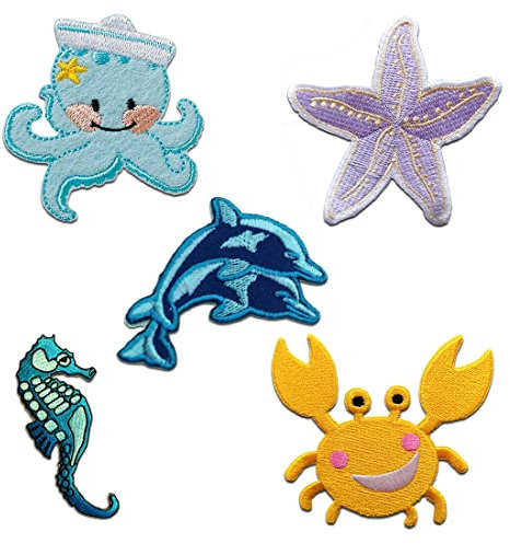 Catch the Patch Strand Meerestiere Set 5 Stück - (Größe: verschiedene Größen) – Aufbügler & Applikationen in verschiedenen Größen – Ideal für Kleidung, Schulranzen, Jeans & Rucksäcke