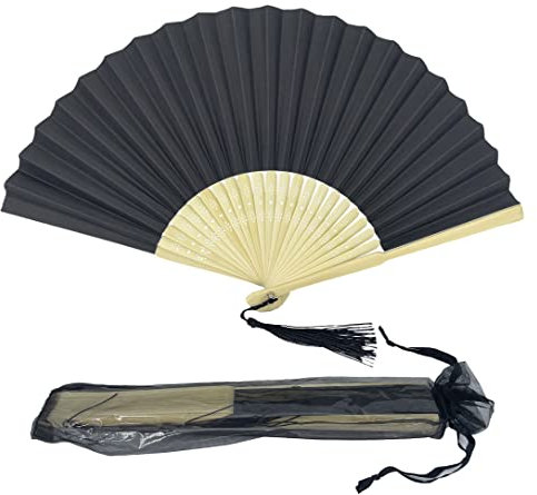 Paper Handheld Folding Fan with a Tassel and Grade A Bamboo Ribs for Women Girls Summer Party Favour Birthday Wedding Gift (Black)
