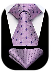 HISDERN Cravate à carreaux pour homme avec mouchoir tissé classique pour homme Cravate violette et pochette de costume