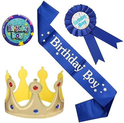 4PCS Kit de Faja de Cumpleaños para Niños, Corona de Rey de Cumpleaños, Insignia de Cinta de Premio, Fajín de Birthday Boy para Decoración Fiestas de Suministros Fiesta Niño