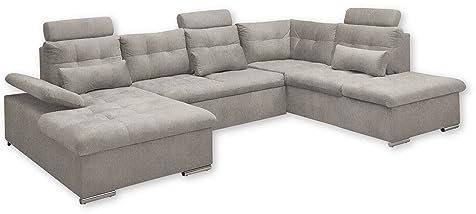 MEDAN Wohnlandschaft in U-Form, Stoffbezug Taupe - Ausziehbares Sofa mit Schlaffunktion und Bettkasten - 324 x 107 x 170 (218) cm (B/H/T)