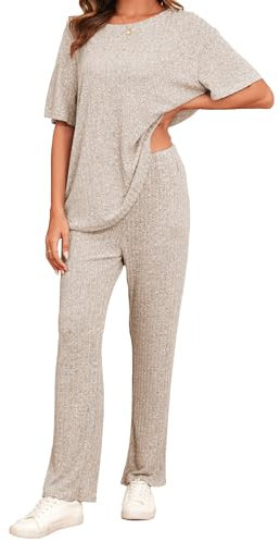 Famulily Women Elegant Oversized Short Sleeve Tops and Wide Leg Trousers Sets with Pockets, 2 Piece Outfits Tracksuits Loungewear Ladies Pyjamas Set (L, Beige)