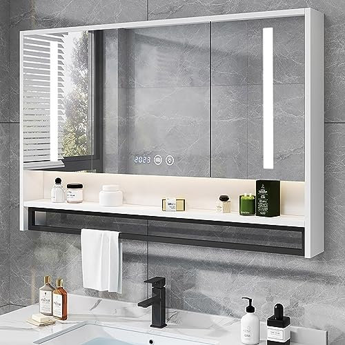 UkewEi Rechteckig Spiegelschrank Bad mit Beleuchtet, 90 * 80CM Antibeschlag Wandbefestigung Badezimmerschrank, Touch-Schalter, 3 türig (Color : B, Size : 80CM)