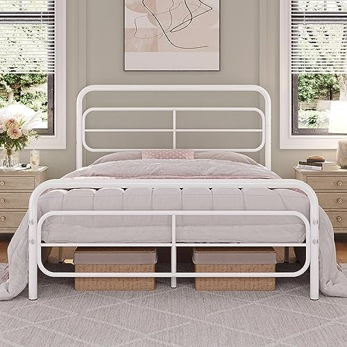 Yaheetech 4ft6 Double Bed Frames Modern Metal Platform Bed with Large Storage/Rectangle Pattern Headboard/Sturdy Slatted Bed Base/Easy Assembly, White Double Bed