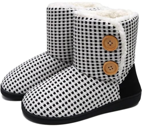 KuaiLu Womens Slipper Boots Knitted Winter Warm Comfy Memory Foam Ladies Bootie Slippers Women Comfort fluff Plush Faux Fur Lined Bedroom House Ankle Slippers Indoor Outdoor Rubber Black/White