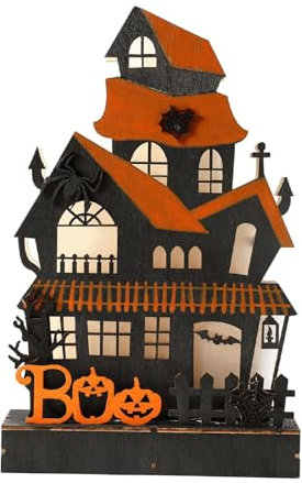 Milageto Halloween-Holzhaus-Statue, beleuchtetes Dekor, Regal, Kamin, gruseliges Sammlerstück, Gebäude, gruselige Kinder-Geschenk, Tischdekoration