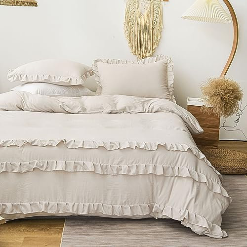 Sedefen Housse de Couette 220x240cm Beige à Volants 3 Couches Romantique Bohémien Parure de Lit Microfibre 2 Personne Adulte Ado Housse de Couette avec 2 Taie d'oreiller 65x65cm Avez Fermeture Éclair