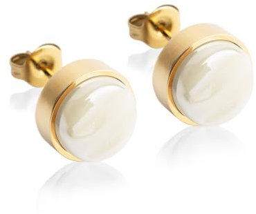 Kleine Ohrstecker gold mit Stein • Beige Ohrringe für Damen • Nachhaltiger Modeschmuck aus Edelstahl & recyceltem Glas mit Perlmutt Optik • Ø 9mm