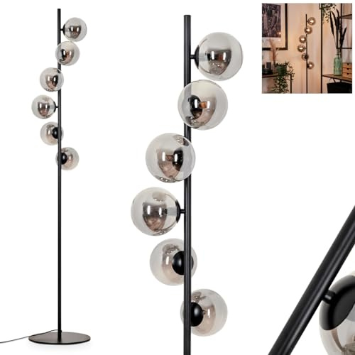 HOFSTEIN Stehleuchte Remaisnil, moderne Stehlampe aus Metall/Glas in Schwarz/Rauchfarben, Leuchte im Retro/Vintage-Design, Ø Schirme 12 cm, Fußschalter, 6 x G9, Wohnzimmer, Schlafzimmer, Büro