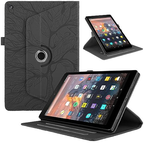 FERLAN Giratoria Compatible Funda para Amazon Fire HD 8 (2015-2019) Tableta,PU Cuero Flip Funda Protectora 360°Carcasa Giratoria de ángulo Múltiple Stand Función,Negro