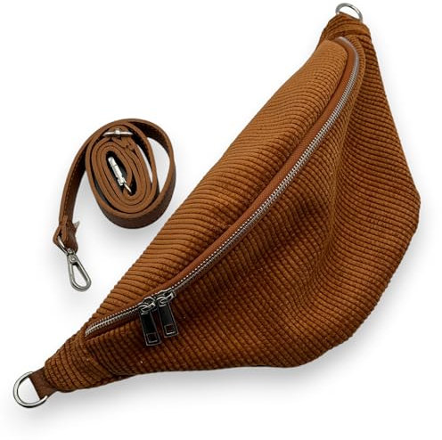 Bauchtasche Cord, Stylische Gürteltasche Damen mit Crossbody Echt Leder Gurt, Made in Italy Umhängetasche (Cognac)
