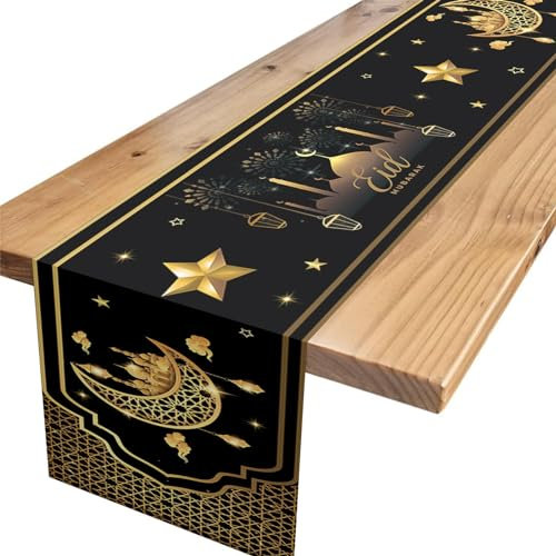 Eid Mubarak Tischläufer,Schwarz Gold Mond Stern Tischläufer Eid Mubarak Moschee Tischdecken Ramadan Tischdeko für Muslim Islamisch Party Dekoration 180 x 35cm