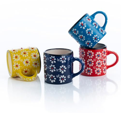 Daisy Medley Ceramic Espresso Cups - Set of 4, 5 Oz Each, Handmade, Multicolor Demitasse Mugs, Microwave & Dishwasher Safe