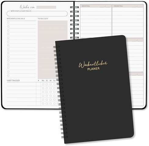 BIROYAL Undatierter Wochenplaner | Terminplaner A5 | wöchentlicher Terminkalender mit To-Do-Liste, großem Notizfeld | 52 Blatt Terminplaner auf Deutsch Ringbuch mit Hardcover | Planer Schwarz
