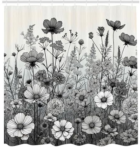 ABAKUHAUS Noir et Blanc Rideau de Douche, Scène De Prairie De Style Vintage avec İmpression, Material Resistente al Agua Durable Estampa Digital, 175 cm x 200 cm, Blanc Cassé et Gris Taupe