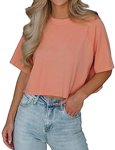 Imily Bela T-Shirt Damen Sommer Kurzarm Basic Crop Tops Casual Oversize Sport Oberteile(Orange,S)