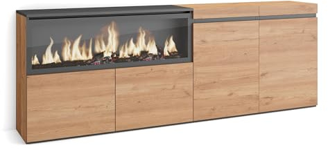 Skraut Home | Sideboard, Highboard | Kommode, Komodenschrank | 210 | 4 Türen | Elektrokamin XXL | Moderner Stil | Eiche