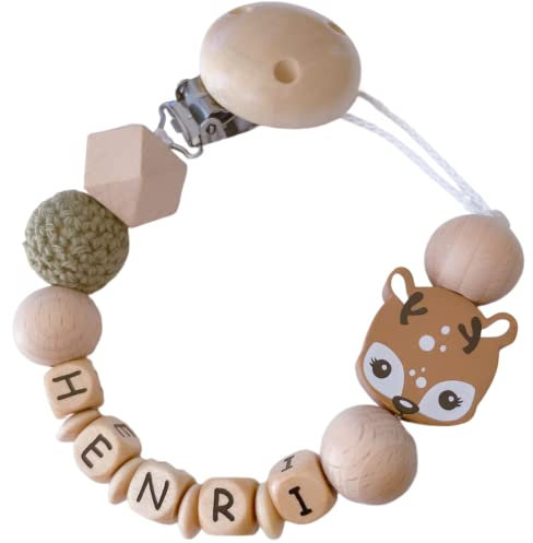 personalisierte Kette mit Namen für für Mädchen in Rosa oder Junge in Blau Baby Geschenk personalisiert zur Geburt & Taufe Reh (Grün mit Rehkopf)