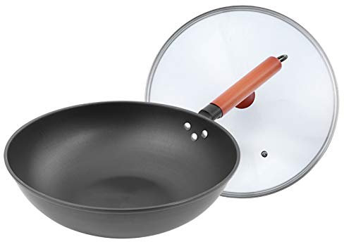 WBDHEHHD Padella Wok in Ghisa da 32 cm con Coperchio, Padella con Fondo Piatto, Adatta per Fornelli a Induzione Forno Alogeno-con Coperchio Padella Wok