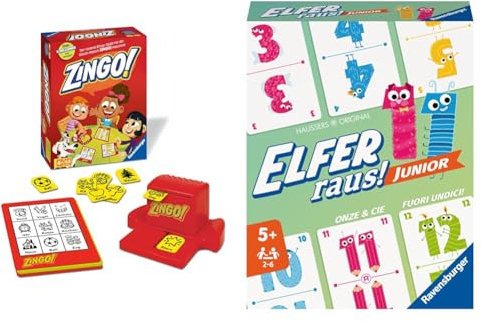 Ravensburger 22354 - Zingo!, Kinderspiel ab 4 Jahren, für 2-6 Spieler, Bingospiel & - 20947 Elfer Raus! Junior - Kartenspiel 2-6 Spieler, Spiel ab 5 Jahren für Kinder und Erwachsene, Zahlenraum 1-20