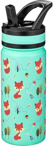 Fanhaw 550 ml Gourde Isotherme avec Paille - Bouteille Enfant en Acier Inoxydable Double Paroi, Anti-Fuite, Sans BPA, Pour Garçons et Filles (Vert - Petit Renard)