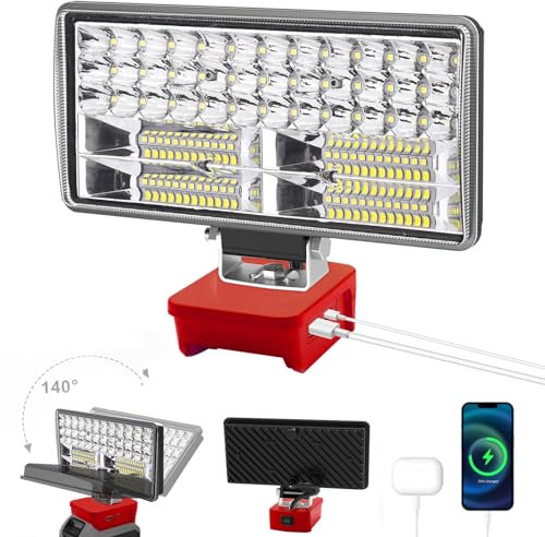 Compatible con Milwaukee M18 18V Batería Luz de Trabajo LED Inalámbrica 6000LM 38W Luz de Inundación Recargables Foco LED Portátil con Puerto de Carga USB y tipo C & Protección de Bajo Voltaje