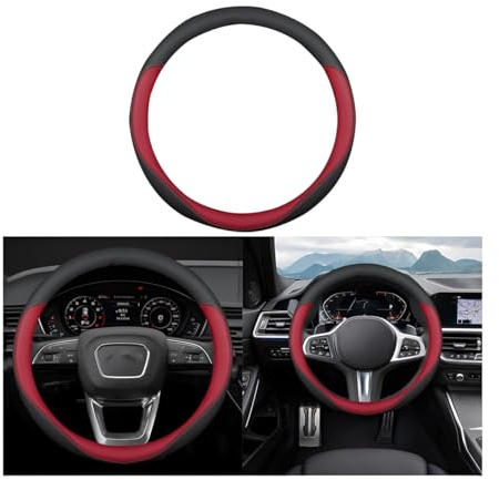 Adunsiaoto Nappa Leather Perforated Spliced Car Steering Wheel Cover Rubber Inner Ring, Latest Nappa Auto Steering Wheel Cover, Fashion Non-slip Leather Car Interior for Auto Truck SUV(Red)