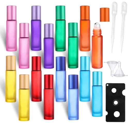 mizikuu 16 Stück Roll on Glasflaschen für Ätherisches Öl, 10ml Roll on Flasche Leer mit Edelstahl Roller Ball mit Öffner Trichter Tropfer 8 Farben Kleine Rollon Glasroller Set für Parfüms Aromatherap