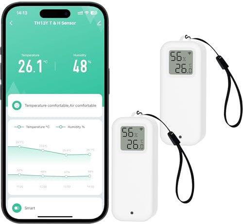 Comboss Thermometer Hygrometer Sensor - WiFi Thermo Hygrometer Feuchtigkeitssensor mit Remote App Benachrichtigungsalarm geeignet für Gewächshaus Weinkeller (2 Stück)