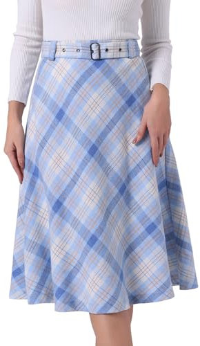 Allegra K Damen Kariert Rock Schottenrock Knielang A Linie High Waist Colorblock Midirock Blau Gelb L