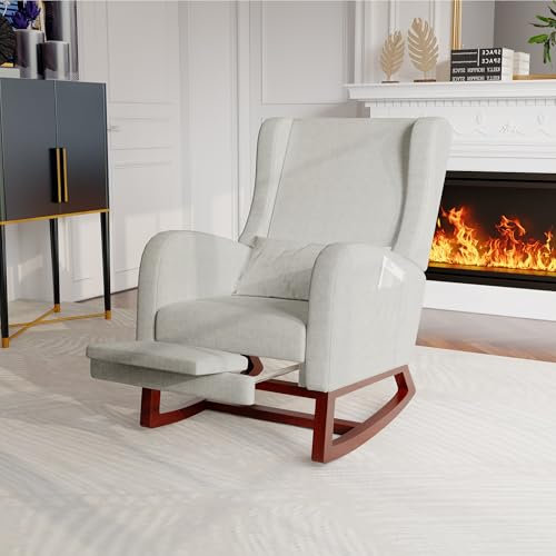 Chaise à Bascule Relax, Fauteuil à Bascule rembourré en Tissu avec Dossier Haut, Fauteuil Moderne avec Antidérapant Pieds pour Maison, Salon, Chambre à Coucher (Gris)