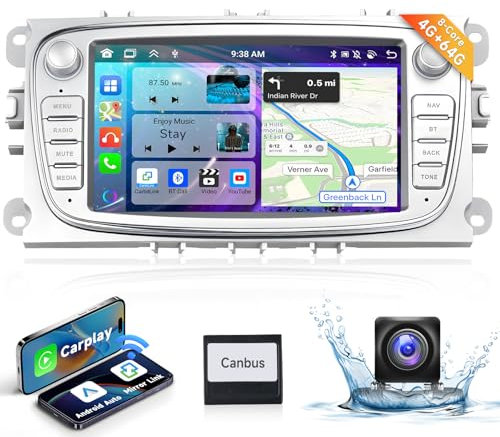 4G & 64G Podofo Autoradio Für Ford Focus C-Max S-Max Mondeo Kuga Galaxy Mondeo Kuga Carplay Android Auto,7” Touchscreen Stereo Navi/WiFi mit AHD Rückfahrkamera GPS Bluetooth RDS/FM Radio/CANBUS