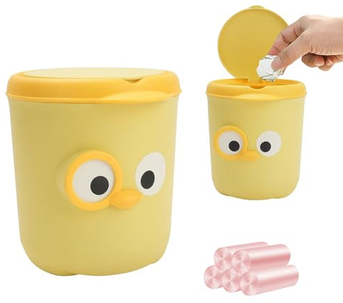 IBEQUEM Mini Desktop Trash Can, Cute Small Trash bin with Lid, Countertop Waste Bin with 6 Rolls of Bin Liners, Portable Tabletop Dustbin, Cartoon Bird Rubbish Storage for Office Bedroom Car (Green)