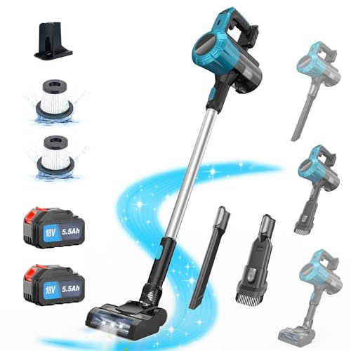 45000Pa/60Min Akku Staubsauger für Makita Akku 18V, 550W Staubsauger Kabellos mit 2PCS 5500mAh Batterien, 6-in-1 Leichter Handstaubsauger für Teppich, Hartböden, Tierhaare, Auto, Zuhause