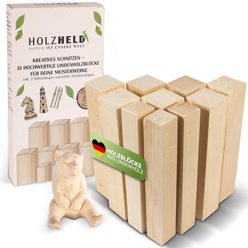 HOLZHELD - weiches Schnitzholz - 10-teiliges Set Lindenholz zum schnitzen - unbehandeltes Holz zum schnitzen - Holzklötze - Drechselholz Rohlinge - 7 x Schnitzrohling & 3 x Stiftrohling