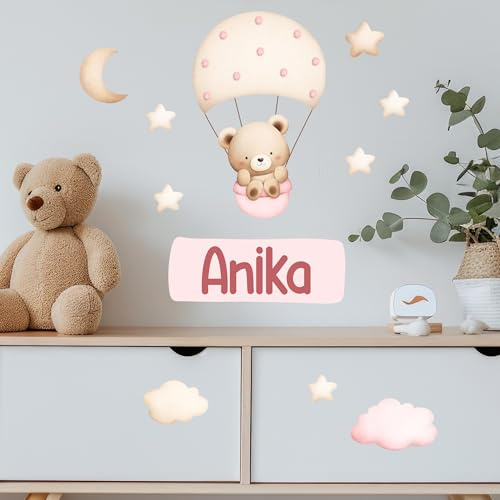 GRAZDesign Personalisierbares Kinder Wandtattoo mit Namen - Süßer Bär im Heißluftballon - Sticker für Tür, Wand & Schrank DIN A4