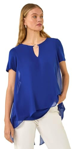 Roman Originals Ring Front Chiffon Overlay Tunic Top for Women UK - Ladies Everyday Autumn Winter Round Neckline Comfy Soft Evening Vacation Work Party Night Out - Royal Blue - Size 14