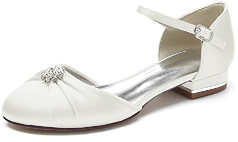 LRMYMHY Women's Ankle Strap White Wedding Shoes Ladies Satin Diamante Round Toe Bridal Ballet Flats