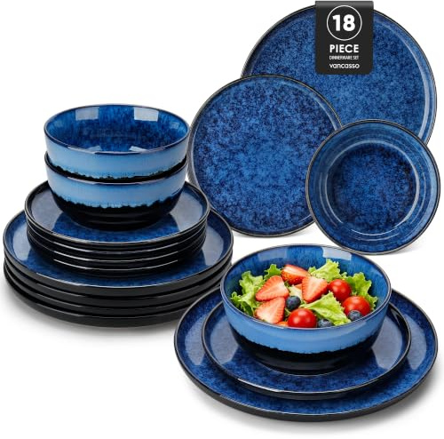 vancasso Dinner Set, Starry Plates and Bowls Set for 6, 18 Piece Reactive Glaze Blue Plate Set for Kitchen, Include Dinner Plates, Dessert Plates and Cereal Bowl, Dishwasher and Microwave Safe