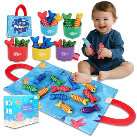 TenFans ​​Montessori Fabric Fishing Game for Babies 1-3 - Stacking Cups & Color Sorting Toy - First Birthday Gift Set - Travel Sensory Learning Activity​​