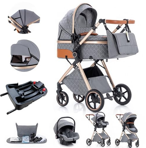 Gcarebb 3 in 1 Kinderwagen Reisesystem mit Isofix-Basis, Kinderwagen mit höhenverstellbarem Griff, Reisewagen mit Regenschutz, Baby-Kinderwagen mit Aluminiumrahmen für Neugeborene