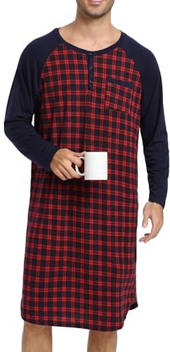 Enjoyoself Chemise de Nuit Homme Hauts de Pyjama Tee-Shirt Longueur Genou Manches Longues Col Rond avec Boutons Vêtements d'Intérieur Douce Confortable Grande Taille M-4XL