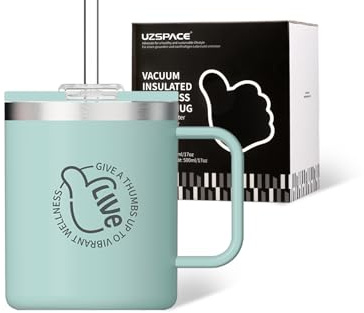 UZSPACE Thermal Mug with Handle 316 Stainless Steel, 500ml Misty Blue | Adult sippy cup for hot drinks, Reusable coffee cups, Insulated coffee mug for hot or cold drinks, Cups with lids and straws