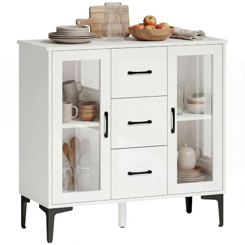 HOMCOM Kommode Sideboard 3 Schubladen 2 Glastüren Modern 90x38x86cm Weiß | Küchenschrank, Verstellbare Regale, Soft-Close-Scharnieren, Aufbewahrungsschrank, Wohnzimmer, Esszimmer, Flur