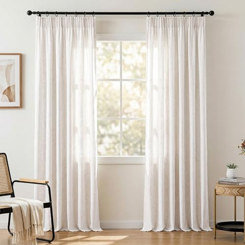 Elfenbeinweiß Vorhänge mit kräuselband Leinen-Vorhänge 260 cm Lang für Raumteiler Balkontür Wohnzimmer Modern Landhaus Schrank Schlafzimmer Halbtransparent Lichtdurchlässig Gardine Boho Deko 2er set