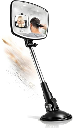 Specchio 360 gradi per taglio capelli con asta telescopica e ventosa I Specchio trucco e barba estensibile per vedere il dietro della testa I Ideale per rasatura corpo, depilazione schiena e self cut